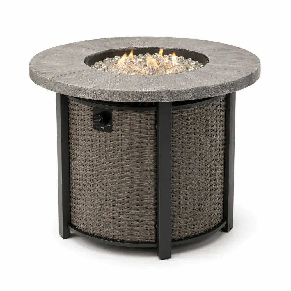 Gas-Feuertisch Gartentisch rund Ø 107 x 64 cm Stahlrahmen PE-Rattan Zementverbund Grau Braun-Grau Schwarz Transparent