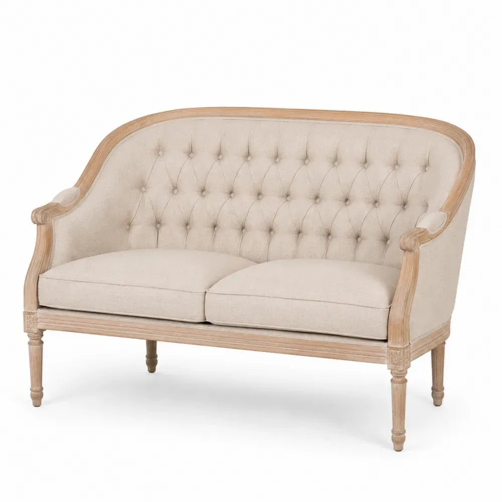 2-Sitzer Sofa mit Knopfheftung geschwungener Rückenlehne Polyestergewebe Beige Kautschukbaum Massivholz Naturholz 135 x 68 x 90 cm
