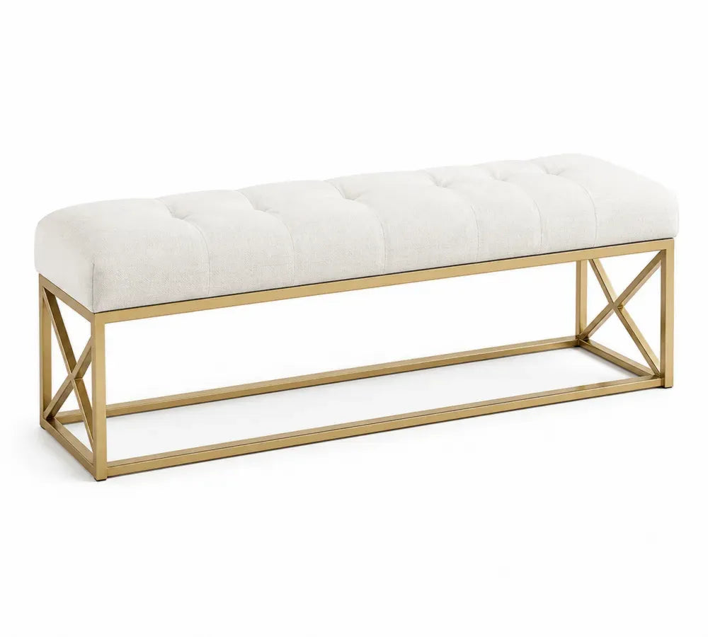 Schlafzimmerbank Polsterbank 130 x 40 x 45 cm rechteckig Polyestergewebe MDF Stahl elfenbein goldfarben mit X-Gestell