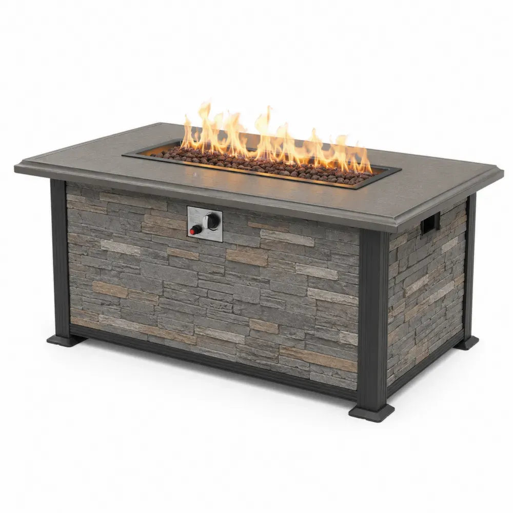 Gas-Feuertisch Gartentisch rechteckig 132 x 71 x 63 cm Edelstahlbrenner Magnesiumoxid-Verbundplatte Stahlrahmen Steinoptik Grau Beige Anthrazit Schwarz