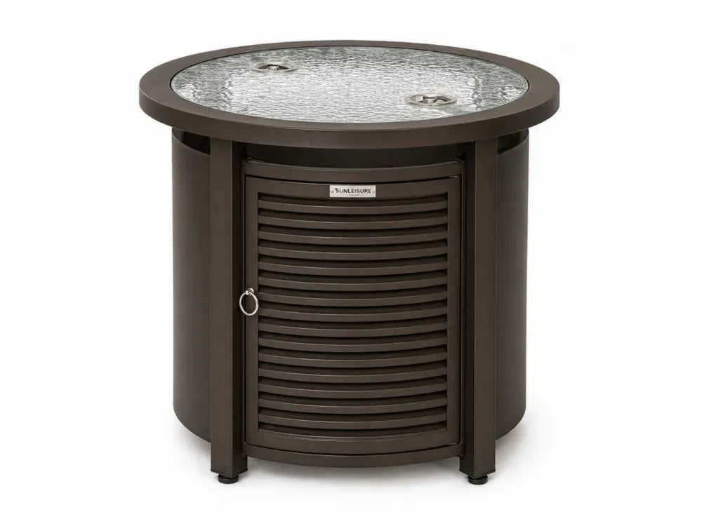 Gartentisch rund mit Staufach Ø 80 cm Höhe 74 cm pulverbeschichteter Stahl gehärtetes Strukturglas Lamellentür Dunkelbraun Transparent