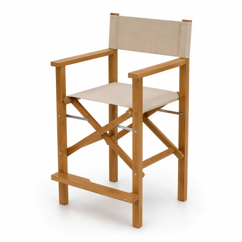Regiestuhl Barstuhl klappbar mit Armlehnen 58 x 54 x 115 cm Akazienmassivholz Polyestergewebe Naturbraun Beige Silberfarben