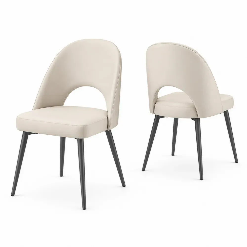 2er Set Esszimmerstühle PU Kunstleder Creme mit gepolstertem Sitz Rundbogen Rückenlehne mit Ausschnitt Stahlrohrbeinen Schwarz 48 x 55 x 82 cm