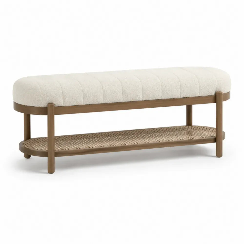 Schlafzimmerbank Sitzbank gepolstert 120 x 40 x 48 cm rechteckig Polyester Bouclé Kautschukholz Rattan cremeweiß braun naturfarben