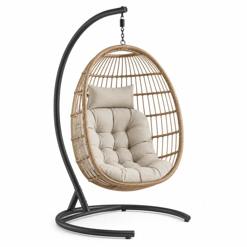 Hängesessel mit Gestell 105 x 95 x 195 cm Stahl PE-Rattan Eiform Naturbeige Hellbeige Schwarz
