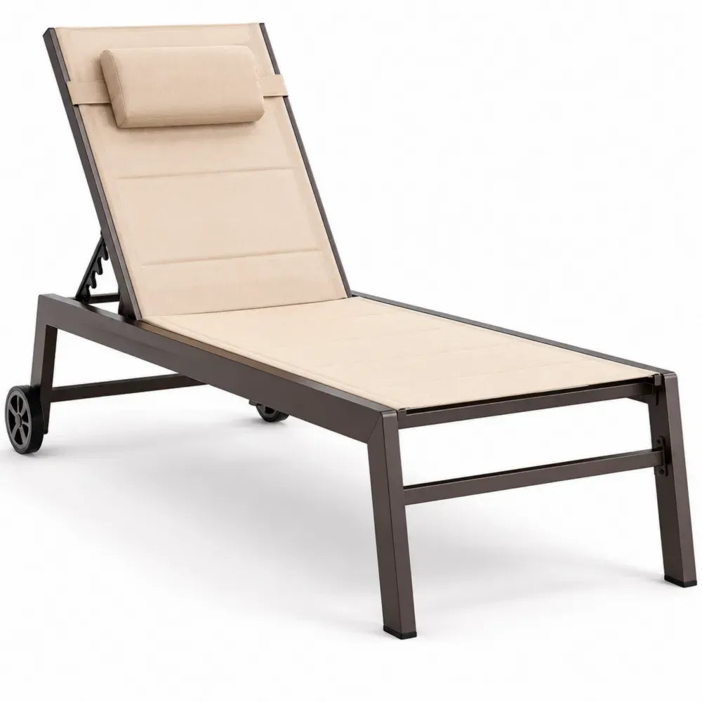Sonnenliege Gartenliege verstellbar mit Rollen 200 x 65 x 34 cm Aluminium Polyester rechteckig Beige Dunkelbraun Schwarz