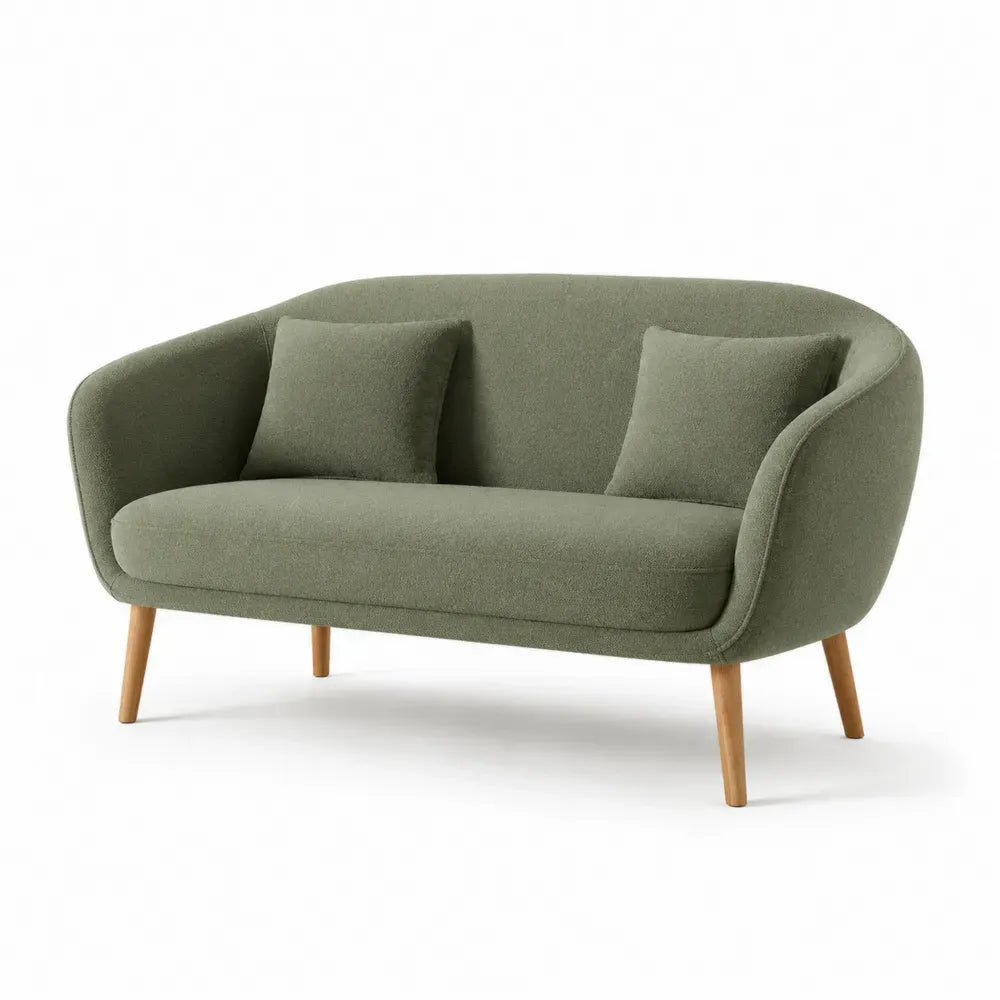 2-Sitzer-Sofa mit 2 Kissen halbrunder Rückenlehne 160 x 78 x 80 cm Polyester-Bouclé Kautschukbaum-Massivholz Olivgrün Naturfarben