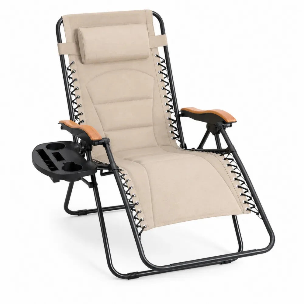 Relaxstuhl Gartenliege verstellbar mit Kopfpolster und Getränkehalter 165 x 72 x 112 cm Stahl Polyester PP Beige Schwarz Naturbraun